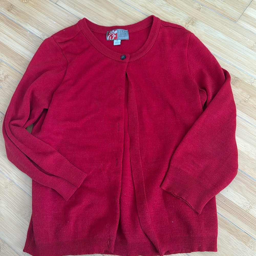 Chick-fil-a team style red cardigan with 3/4 length sleeves